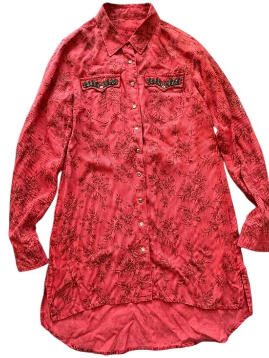 Dresses & Skirts - Dshe  Red Floral Stripe Snap Button Shirt Dress Rhinestone Embellished S